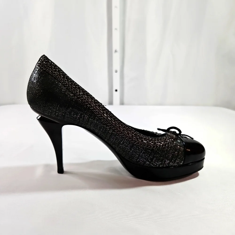 Chanel Black/Silver Suede & Black Patent Leather Platform Heels